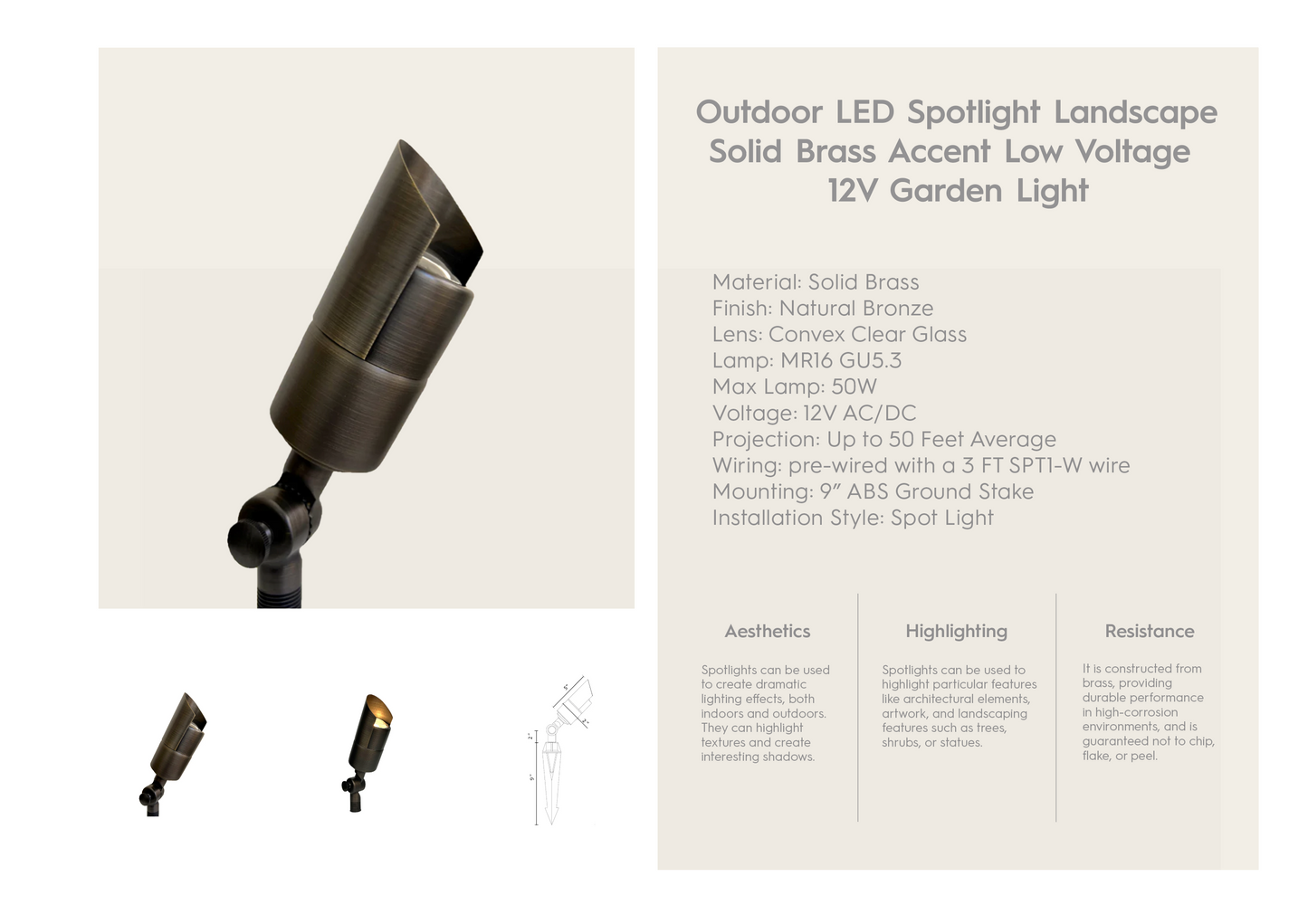 Outdoor Spotlight Solid Brass Accent 20A