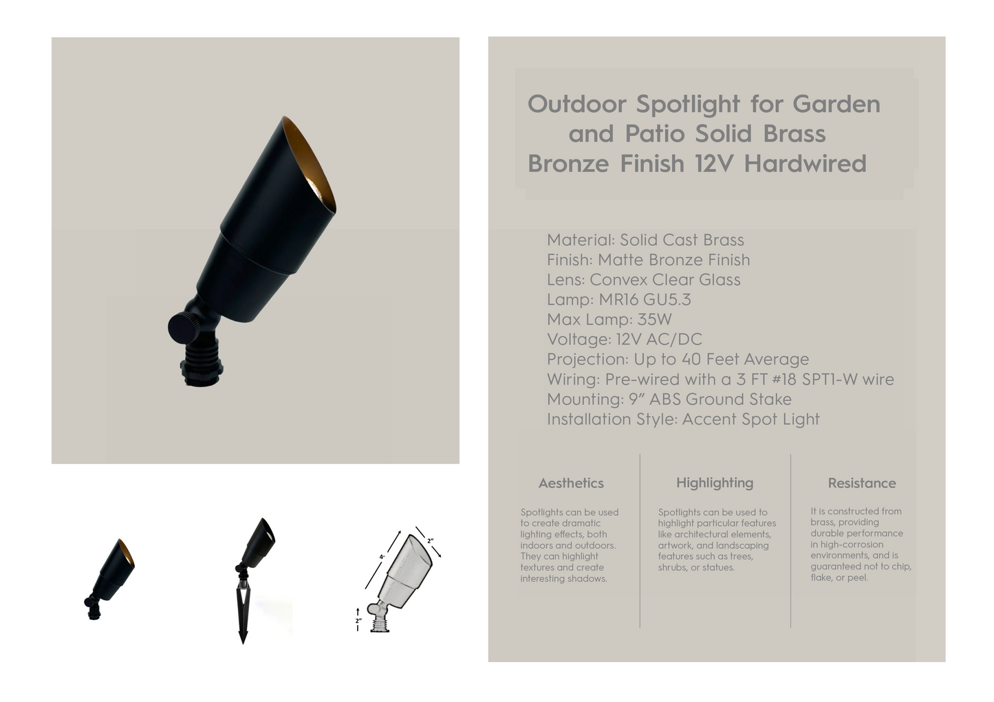 Outdoor Spotlight Solid Brass Bronze Finish 25A