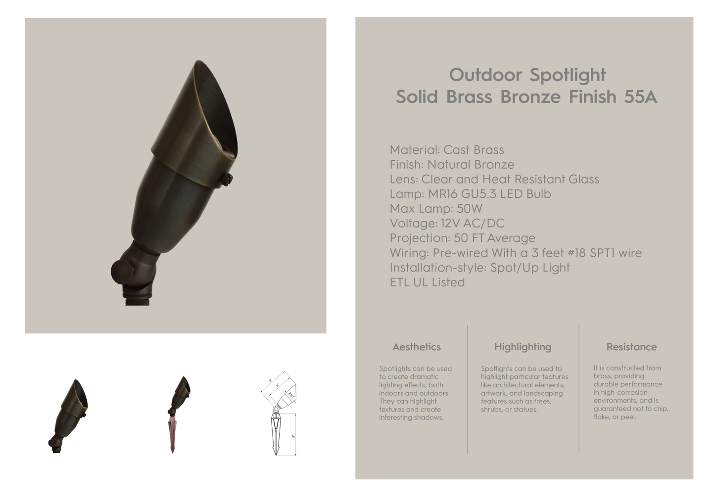 Outdoor Spotlight Solid Brass Bronze Finish 55A
