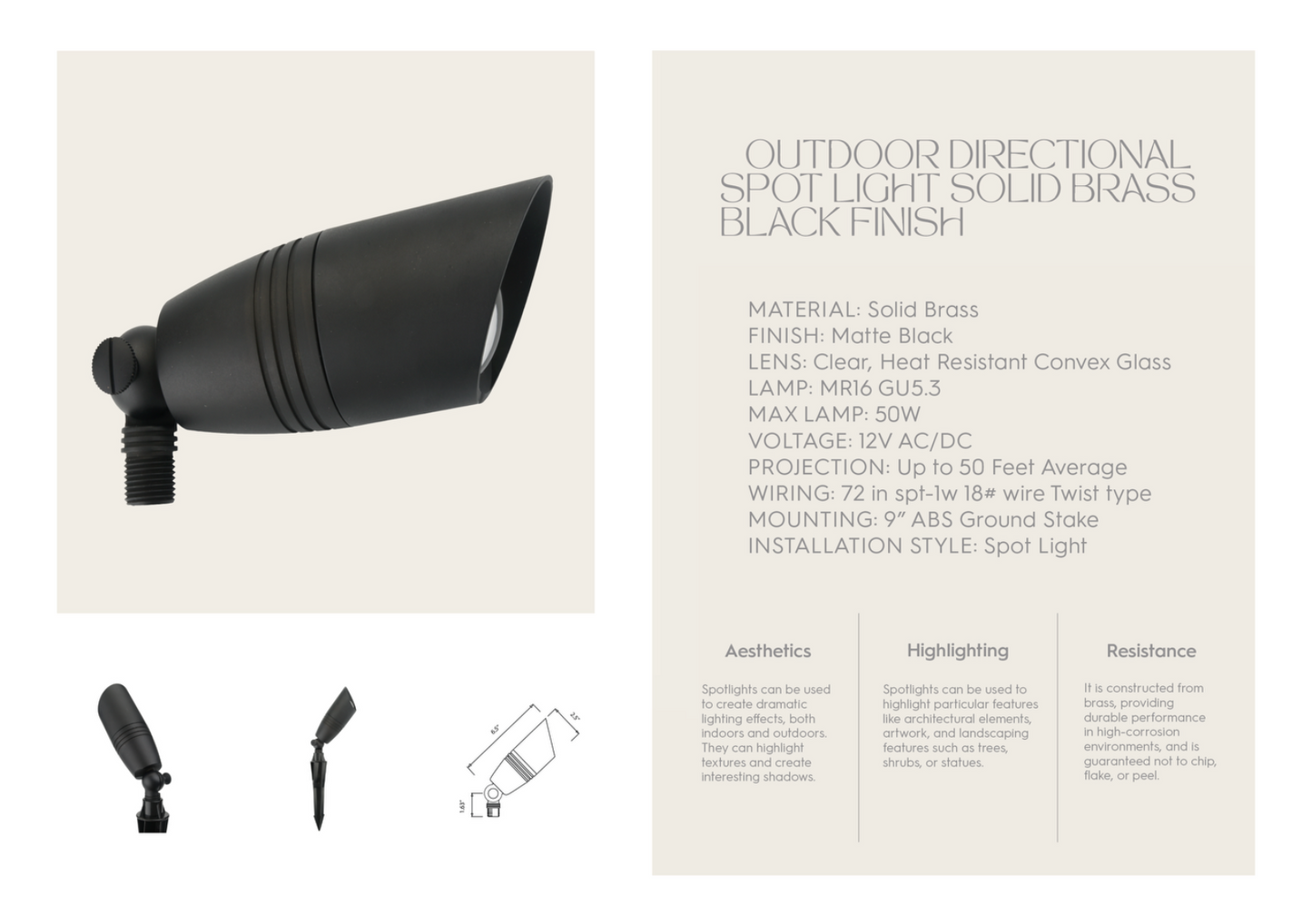 Outdoor Directional Spot Light Solid Brass Black Matte Finish
