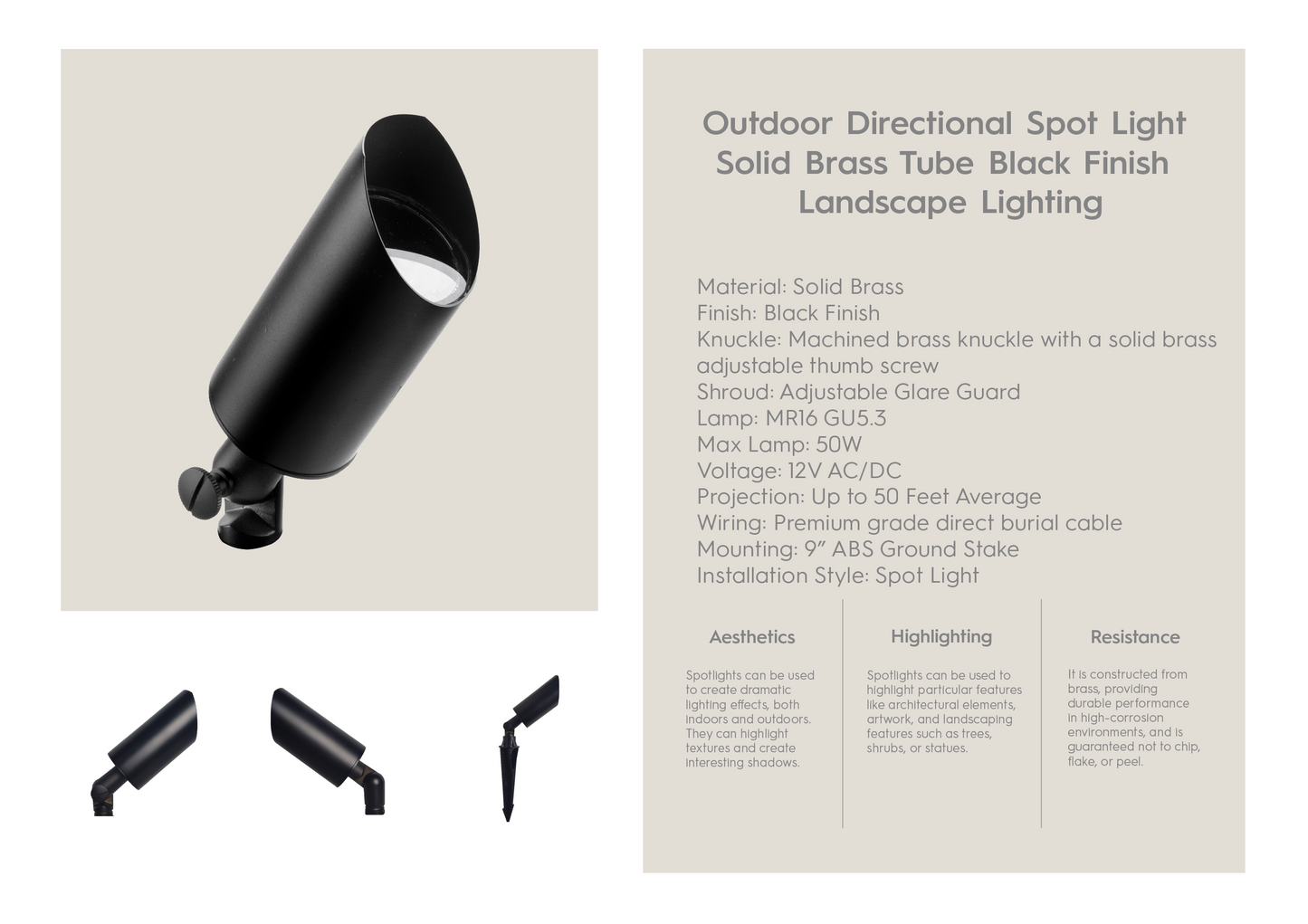 Outdoor Directional Spot Light Solid Brass Tube Black Finish