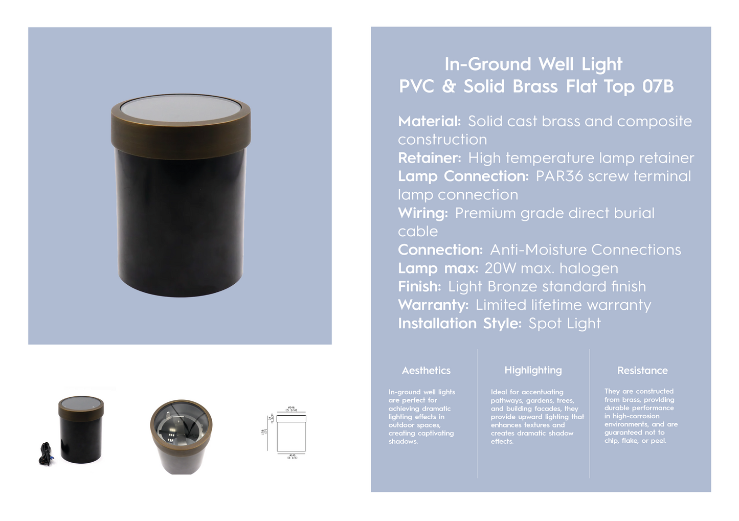 In-Ground Well Light PVC & Solid Brass Flat Top 07B