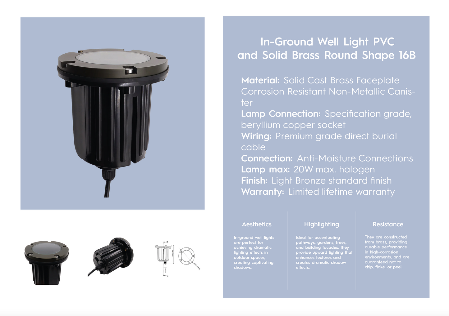 In-Ground Well Light PVC & Solid Brass Round Shape 16B