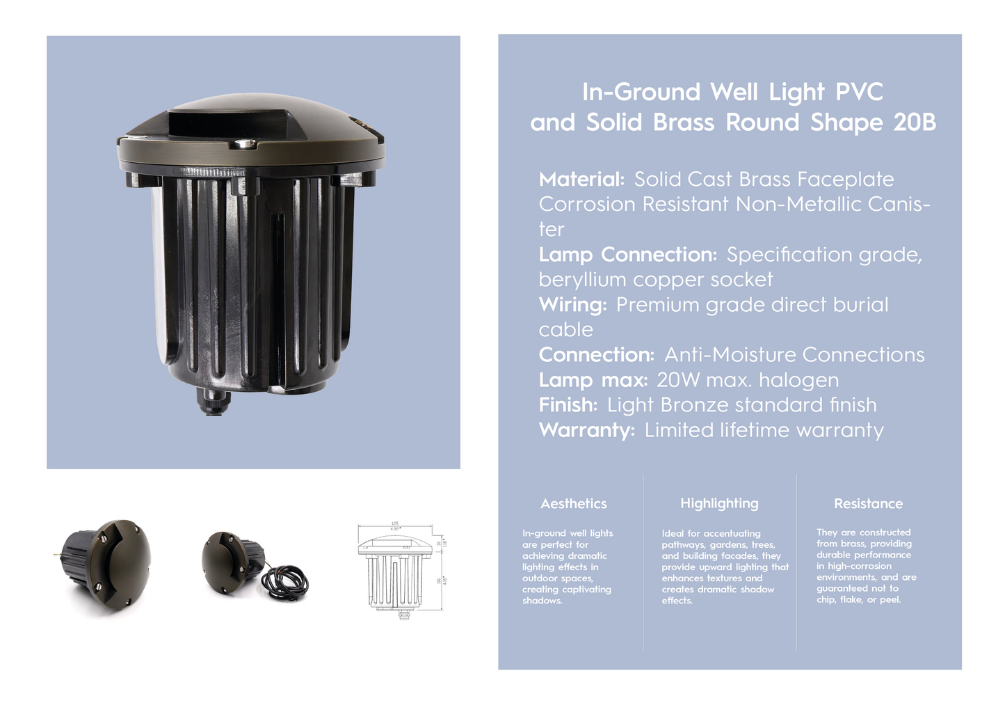 In-Ground Well Light PVC and Solid Brass Round Shape 20B