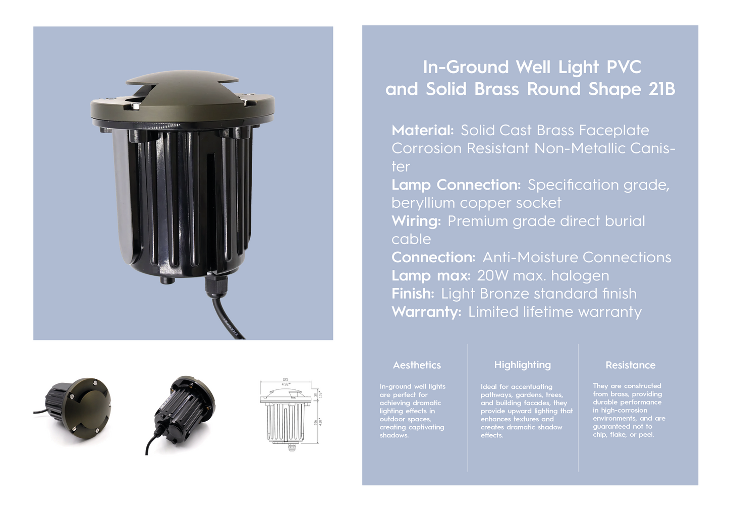 In-Ground Well Light PVC and Solid Brass Round Shape 21B