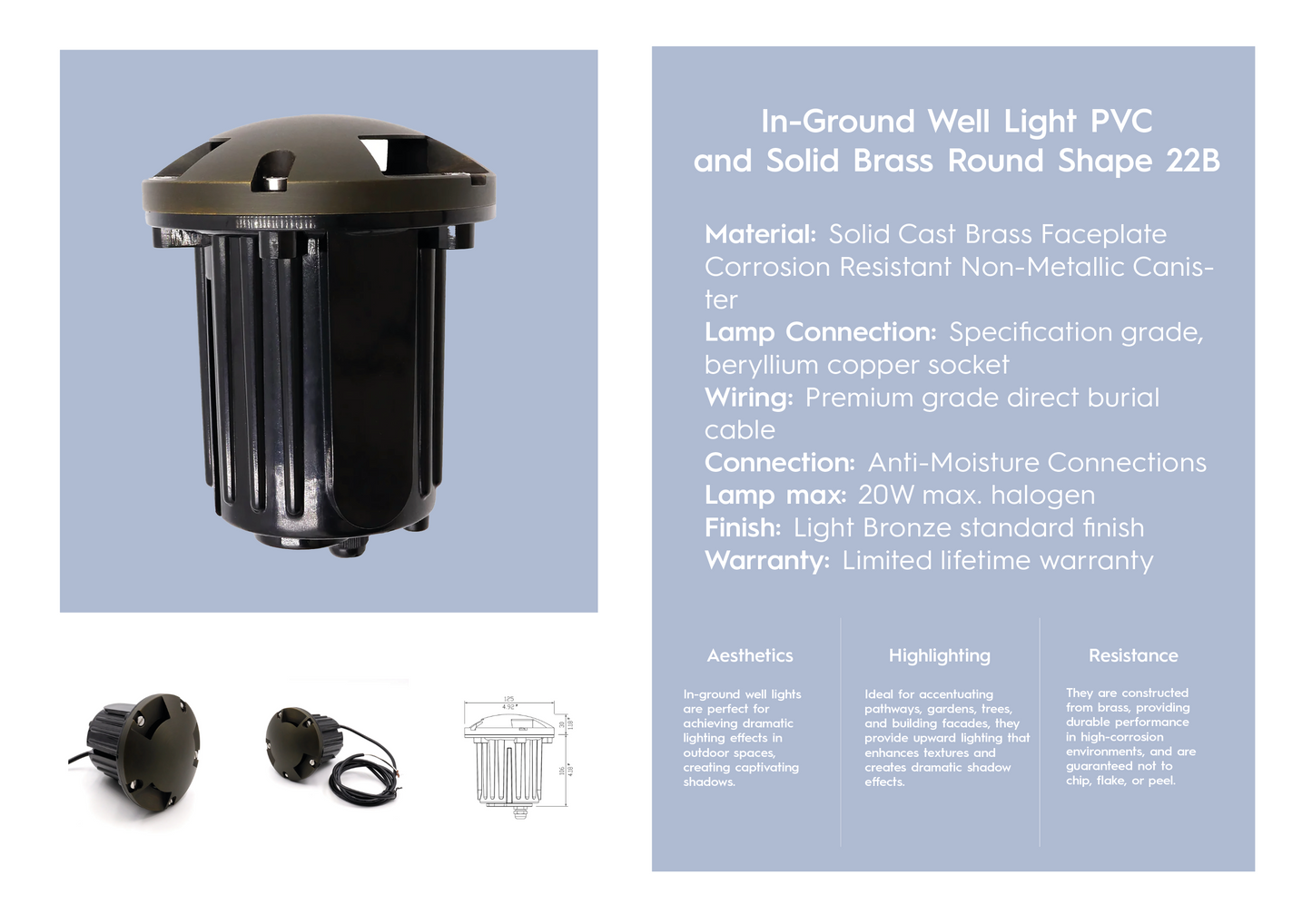 In-Ground Well Light PVC and Solid Brass Round Shape 22B