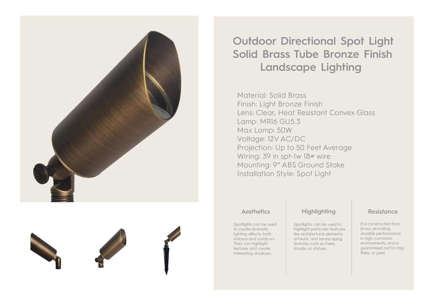 Outdoor Directional Spot Light Solid Brass Tube Bronze Finish