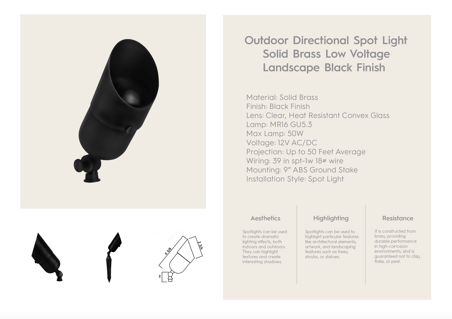 Outdoor Directional Spot Light Solid Brass FT Black