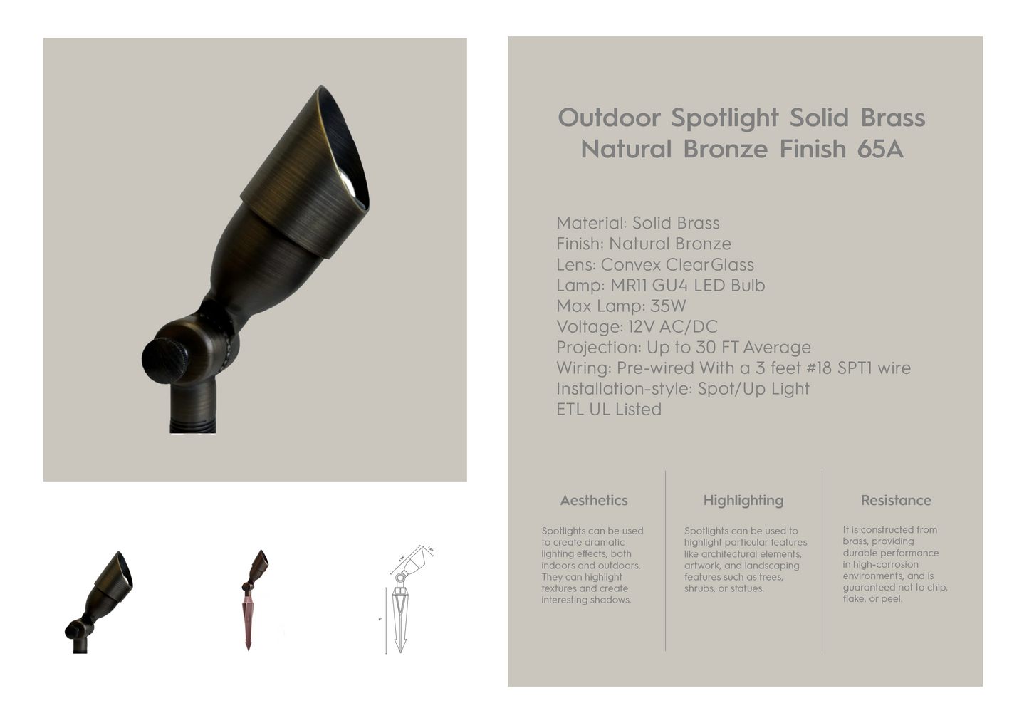 Outdoor Spotlight Solid Brass Natural Bronze Finish 65A