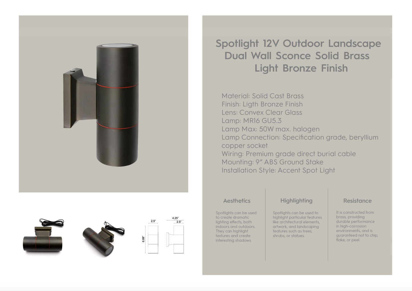 Dual Wall Sconce Solid Brass Light Bronze Finish 01B