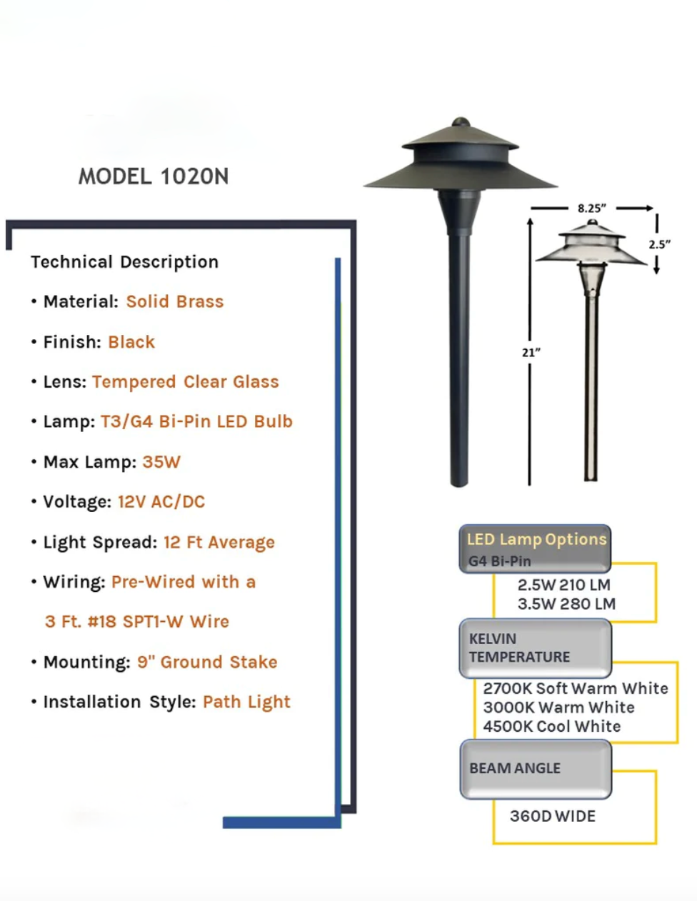 Path Light Solid Brass 8.4 in Hat Black Finish